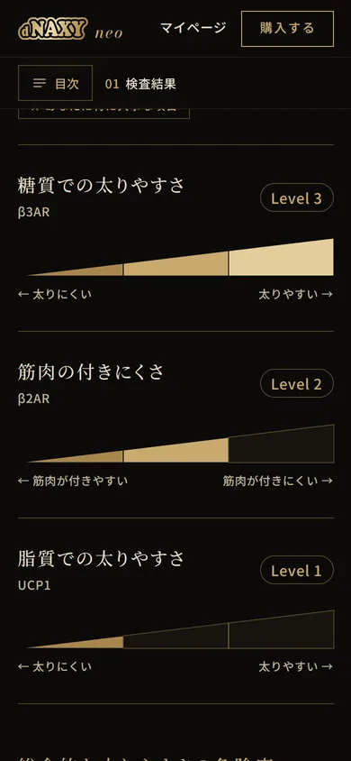 結果レポートの画面。3つの項目の検査結果